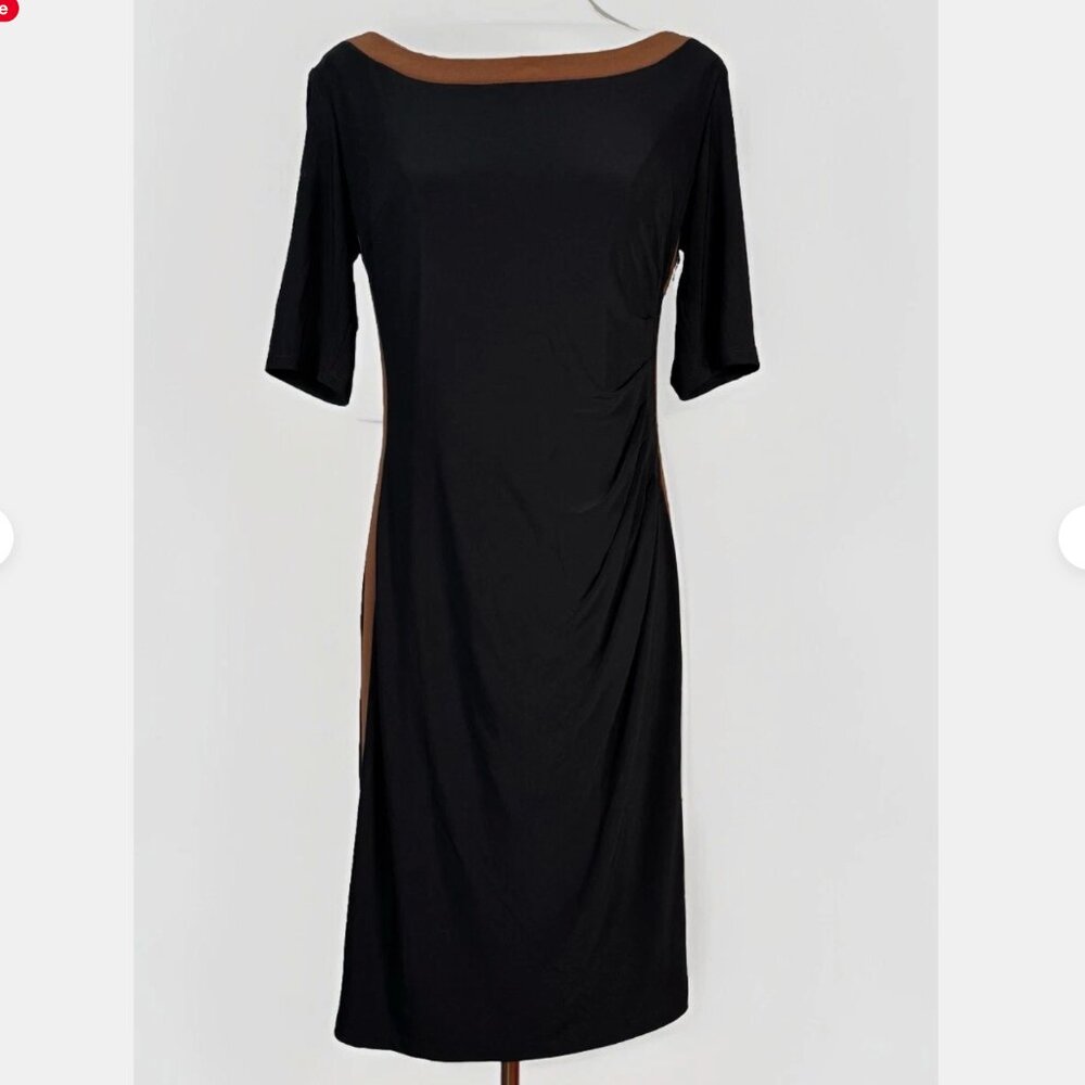(M) CHAPS Boat Neck Mid Length Sleeve Ruched Waist Stretch Midi Bodycon Dress